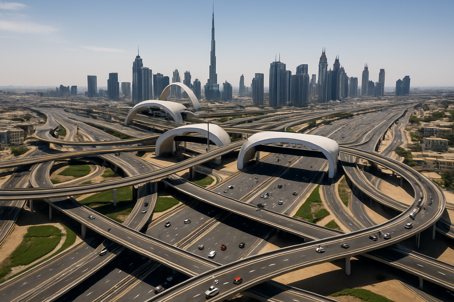 Aerial view of Dubai expressways and toll infrastructure