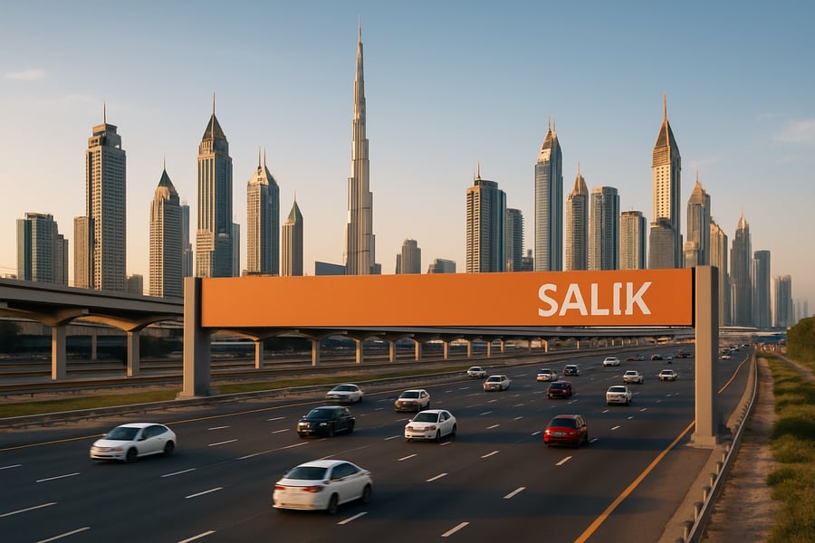Dubai toll road with city skyline Dubai toll road with city skyline