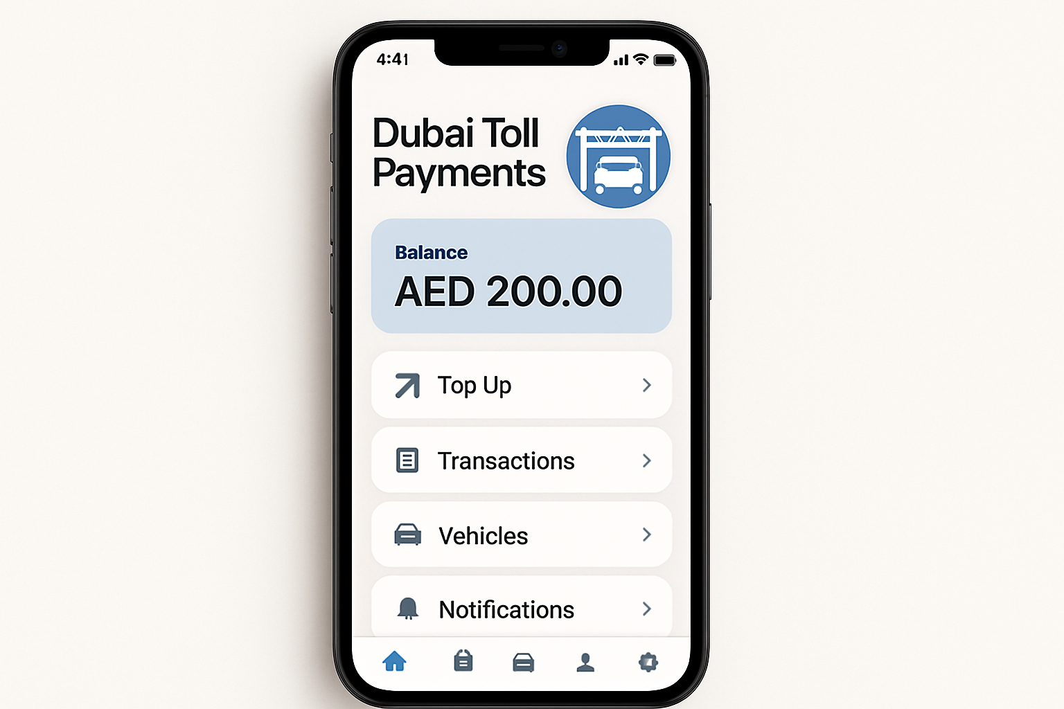 Mobile app for managing Dubai toll road payments
